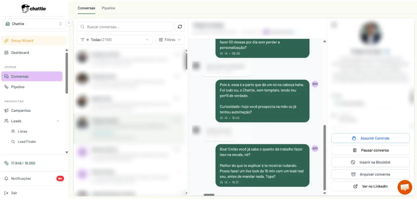 Conversations inbox, lead details blurred